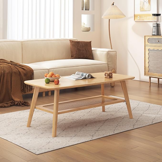 Coffee Table Small Solid Wood Center Table Mid Century Vintage Living Room Coffee Table, Original Rattan 47.24 Inch