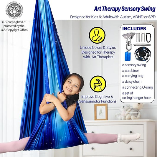 Sensory Swing for Kids & Adults Holds up to 300lbs Indoor & Outdoor Double Layer Therapy Cuddle Swing with 360° Swivel Hanger Kit for Calming, Effect for Autism, ADHD or SPD. (Star Blue)