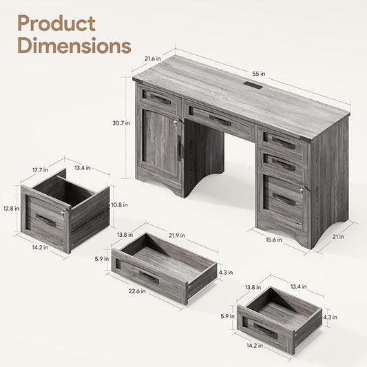 Decofy Farmhouse Executive Desk with Drawers, 55" Home Office Desks with Fast Charging Station, Lockable File Cabinet, Wood Writing Computer Desk for Work, Study, Grey