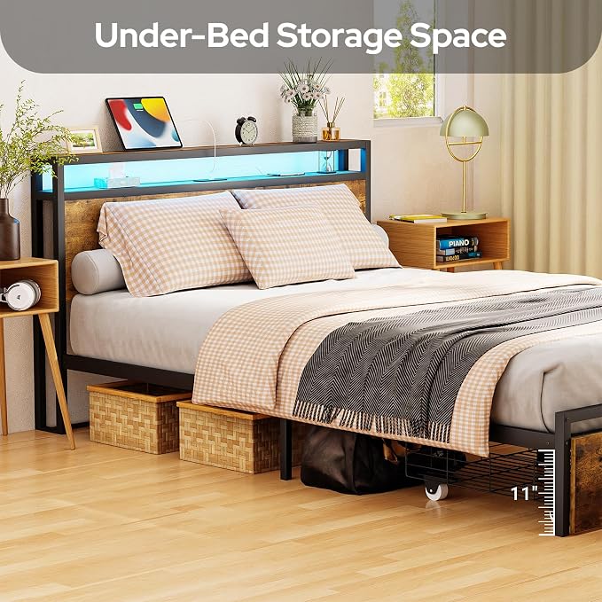 Zevemomo Queen Bed Frame with Storage Drawers, Bed Frame Queen Size with Headboard, LED Light, Charging Station with 3 USB Ports & 1 Type-C Port, No Noise, Rustic Brown