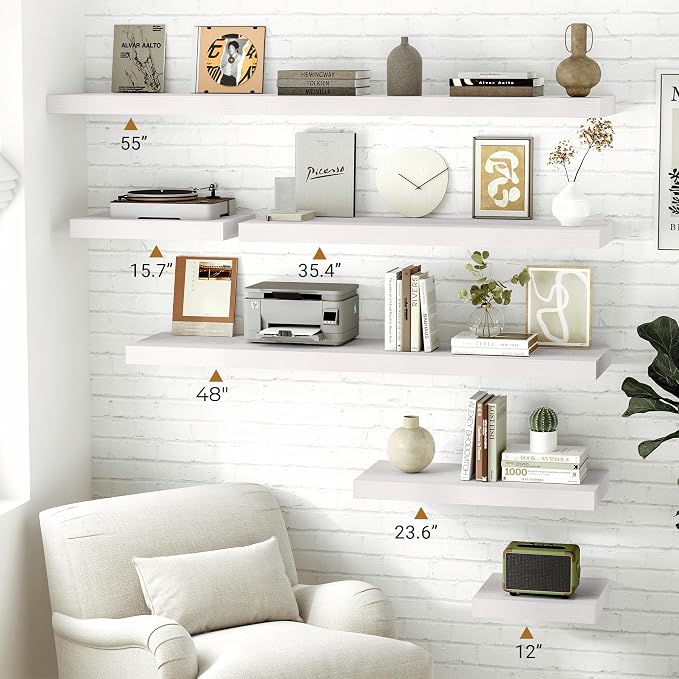 Vivelove White Floating Shelves 12 Inches Deep, 48x12 Floating Shelves for Wall with Invisible Brackets, Room Shelves for Living Room Bedroom Kitchen Office, Set of 2