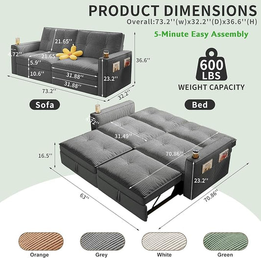 73.2'' Futon Sofa Bed Full Size, Pre-Assembled Pull Out Couch, Adjustable Backrest, Corduroy Convertible Sleeper Sofa, 2 Cup Holders, USB, Pockets, Loveseat for Living Room, Apartment, Grey | Soft Material