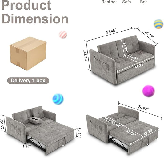 57.48" Convertible Sofa Bed with Cup Holder, Pull Out Sleeper Sofa Bed with USB Charging Ports, 3 in 1 Convertible Sleeper Sofa Bed for Living Room, Apartment, Bedroom, RV, Grey