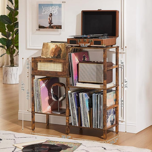 LELELINKY Record Player Stand, Vintage Brown Wood Record Holder with Vinyl Storage Holds up to 300+ Albums, 3-Tier Rattan Media Table with Vinyl Display Shelf, Record Storage Cabinet for Living Room