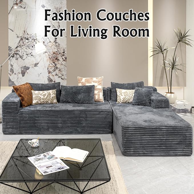 Sectional couches for Living Room Corduroy Couch, 104" Cloud Sectional Couch with L-Shape Chaise, Modern Modular Sofa, Deep Seat Comfort, No Assembly Required(Plush Corduroy, Right Facing Chaise)