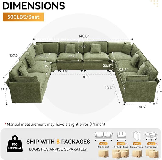 147'' Oversized U Shaped Cloud Sectional Sofa, Chenille Deep Seat Couches for Living Room, Comfy Upholstered Modular Sectional Sofa Couch, Green