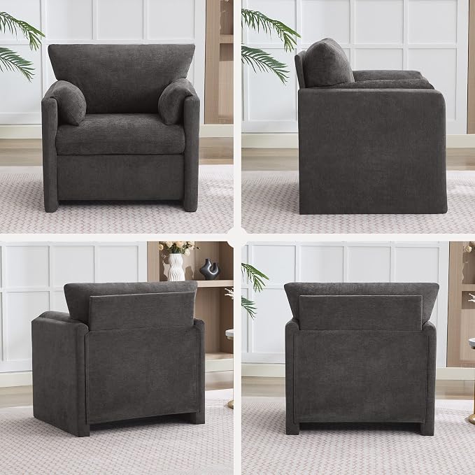 Oversized Accent Chair for Living Room, 32.68" Large Modern Armchair with Deep Seat, Mid-Century Comfy Reading Chair with Padded Arms, Chenille Single Sofa Chairs for Bedroom, Dark Grey