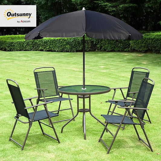 Outsunny 6 Piece Patio Dining Set for 4 with Umbrella, Outdoor Table and Chairs with 4 Folding Dining Chairs & Round Glass Table for Garden, Backyard and Poolside, Black and Coffee