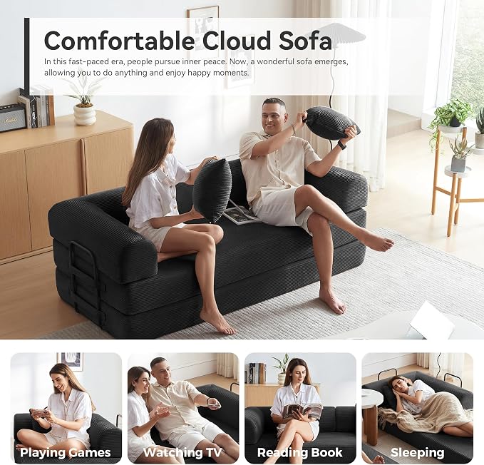 Convertible Sleeper Bed with 2 Cylindrical Pillow, Comfy Foldable Bed Compressed Sofa in Box, Floor Sofa Lounge Couch for Living Room Bedroom Lounge Studio, Tool-Free Assembly (Black)