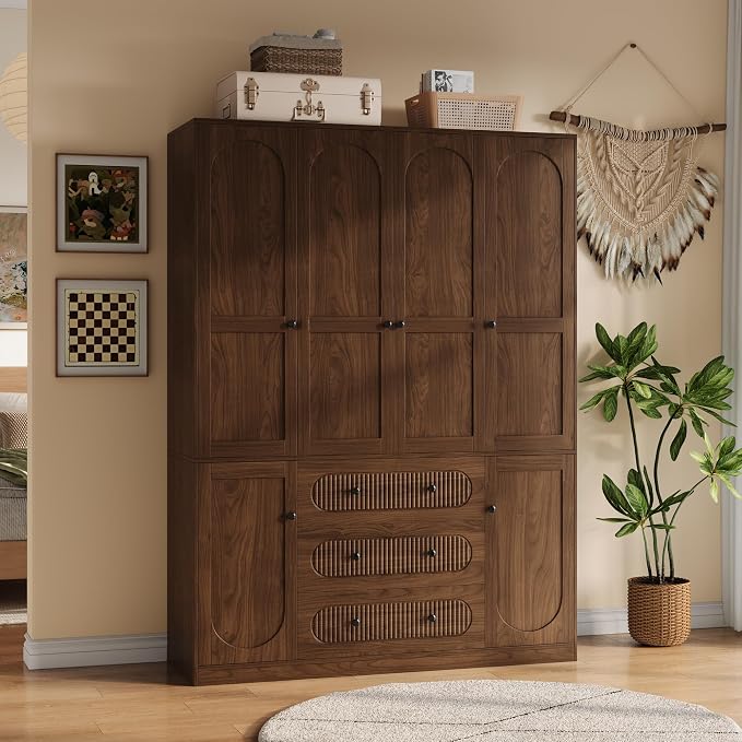 TOKSOM 4 Doors Freestanding Armoire Wardrobe Closet, 72" Walnut Wardrobe Armoire Wooden Closet Large Capacity Storage with 3 Drawers & 3 Hanging Rod Shelves Clothes Organizer