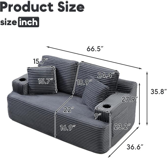 66.5'' Boneless Sofa Couch with Cup Holders & Side Pockets, Modern Corduroy Fabric Upholstered Loveseat Couch with 2 Throw Pillows for Living Room Office, No Assembly (Grey)