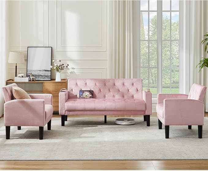 TYBOATLE Mid-Century Modern Tufted Pink Velvet Loveseat Sofa Set w/ 2 USB & 2 Cupholders, 3 Piece Living Room Furniture Sets, Small Love Seat Couches for Small Space Apartment Bedroom Office