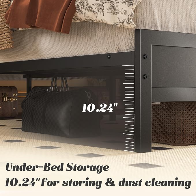 Fluest Queen Bed Frame with Headboard & Footboard, Bed Frame with Built-in Charging Station & LED Light, Storage Shelf, Noise-Free, No Box Spring Needed, Easy Assembly, Classic Black