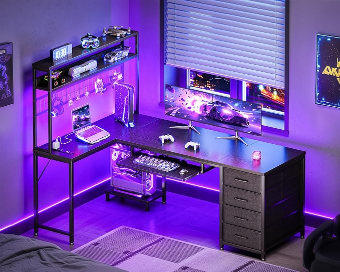 AODK 59 Inch L Shaped Desk with 4 Drawers, Gaming Desk with Led Lights & Power Outlets, Computer Desk with Pegboard & Keyboard Tray, Reverisble Home Office Desk with Storage Shelves & CPU Stand, Black