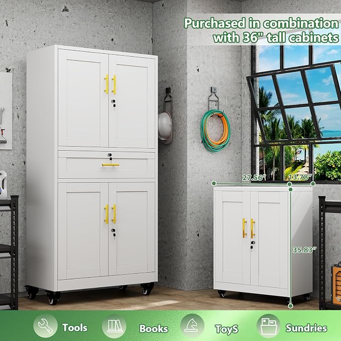 Lockable Metal Storage Cabinet, 71" Tall White Cabinet with Wheels | Garage Storage Cabinet with Drawers, 3 Adjustable Shelves and Lock, Steel Construction – Suitable for Office, Home, School