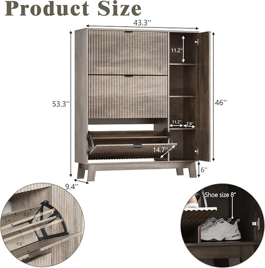 Shoe Cabinet Storage for Entryway with 3 Flip Drawers & Side Cabinet, Fluted Narrow Shoe Organizer with Wooden Leg, Freestanding Shoe Storage Hidden Shoe Rack Organizer for Front Door Entrance, Grey