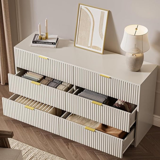 MAISONARIA 3-Piece Dresser Bedroom Set, 6 Drawer Dresser & 3 Drawer Nightstands with Gold Handles, Fluted Wood Chest of Drawers for Bedroom, Living Room, Entryway, Beige