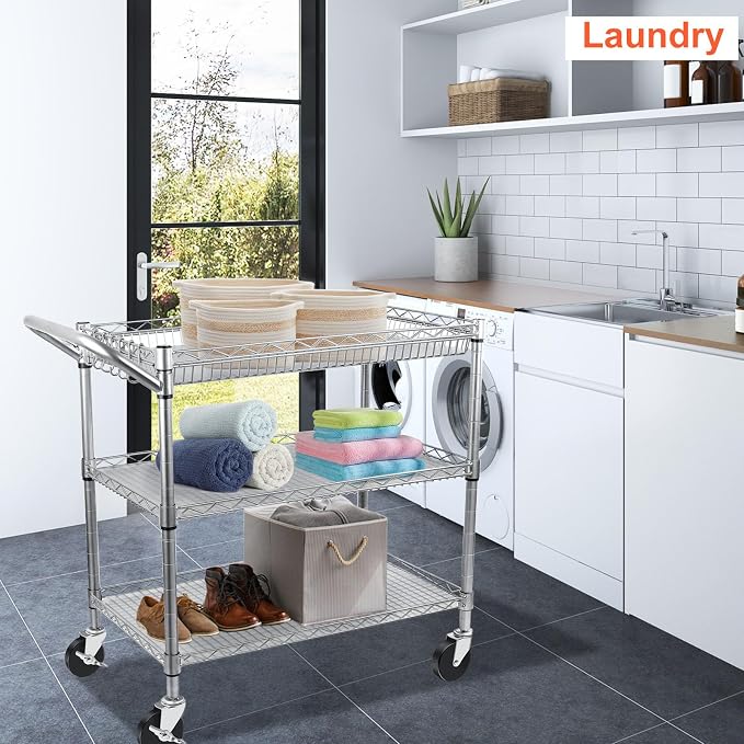 BolDuck Heavy Duty Utility Cart, 990Lbs Capacity 3 Tier Rolling Carts with Wheels, Kitchen Cart on Wheels with Storage, Commercial Grade Metal Serving Carts with Wire Shelving &Handle Bar, Silver