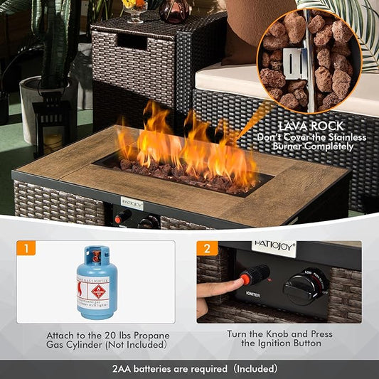 Tangkula 2 Piece Outdoor Propane Fire Pit Table Set with Hideaway Propane Tank Holder, 40,000 BTU Rattan Wicker Fire Pit Table with Lava Rocks, Waterproof Cover, Ideal for Backyard, Patio (Brown)