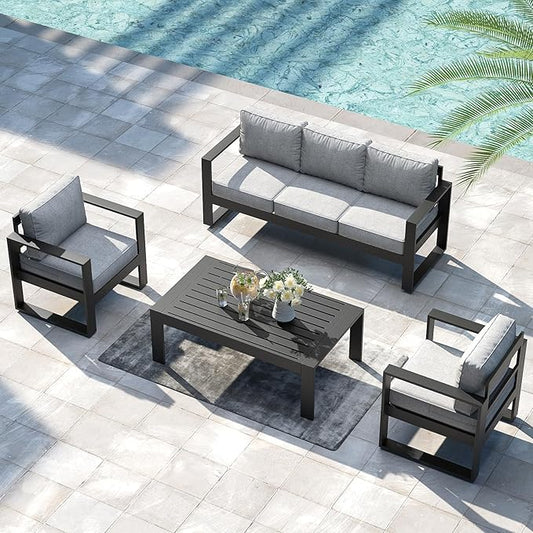 LayinSun Outdoor Patio Aluminum Sofa, Metal Modern 3-Seat Couch with Washable Thick Cushions