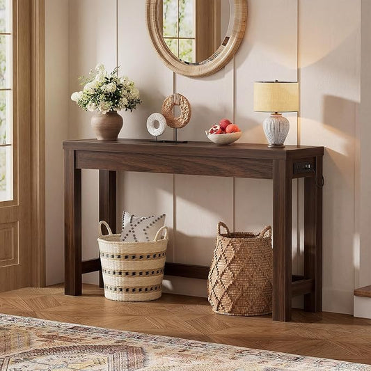 Cyclysio 47" Console Table with Charging Station, 13.8" Deep Farmhouse Sofa Table Behind Couch with 2 AC Outlets & 3 USB Ports, Entryway TV Console or Compact Home Office Desk, Black Walnut