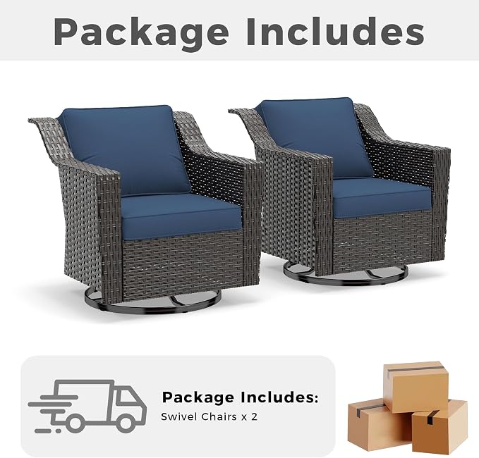 Patio 2 Pieces Wicker Swivel Chairs Set of 2,Outdoor PE Rattan Rocking Glider Armchairs, Water-Resistant Cushions with Removable and Washable Covers, Porch, Balcony, Sunroom (Navy Blue)