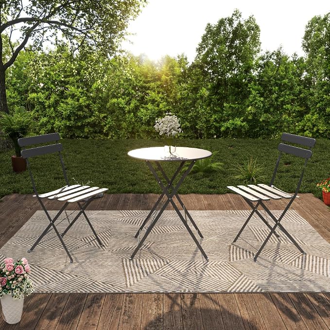 Bistro Table Set, 3 Piece Grey Folding Patio Furniture Set with 2 Chairs and Coffee Table Outdoor Indoor Balcony Seating for Garden Yard Patio Porch