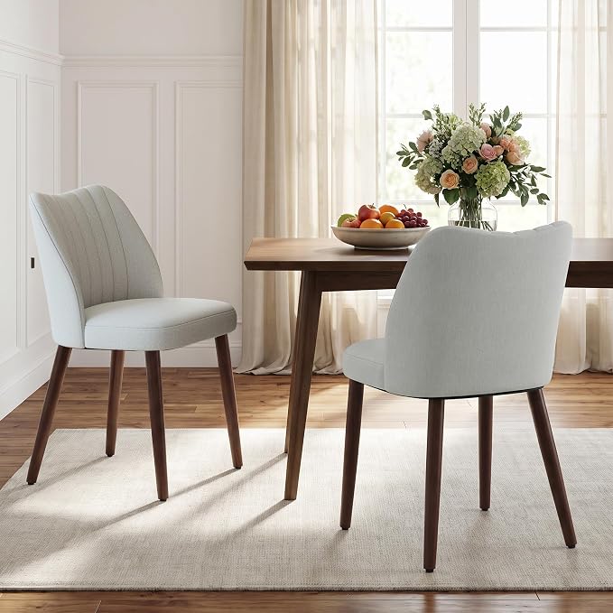 Upholstered Dining Chairs Set of 2, Modern Fabric Dining Chairs with Curved Backrest & Solid Rubber Wood Legs, Padded Kitchen Dining Room Chairs for Restaurant Cafe, Light Grey