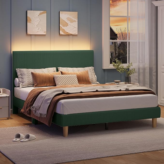Bestier Queen Platform Bed Frame with Headboard LED Light,Upholstered,Green | No Squeaks,Easy Assembly,LED Lighting Headboard,Vertical Channel Corduroy Upholstered,Wood Slats Support,No Box Spring Needed