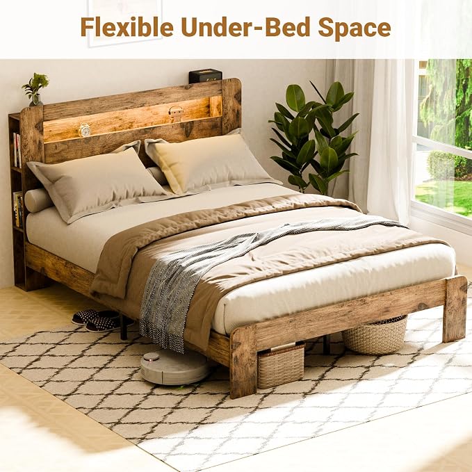 Zevemomo Wood Bed Frame King with Headboard, LED Light, Charging Station with 2 USB Ports & 2 AC Outlets, Sturdy Wood Framework, No Noise, Dark Brown (Rectangular Slot)
