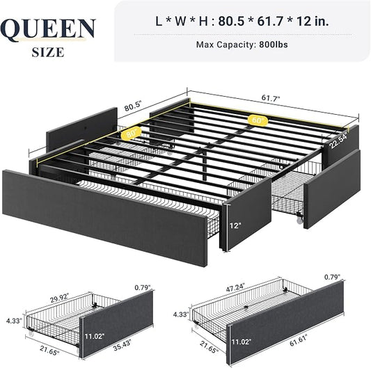 Allewie Queen Size Platform Bed Frame with 3 Storage Drawers, Fabric Upholstered, No Box Spring Needed, Metal Slats Support, Easy Assembly, Dark Gray