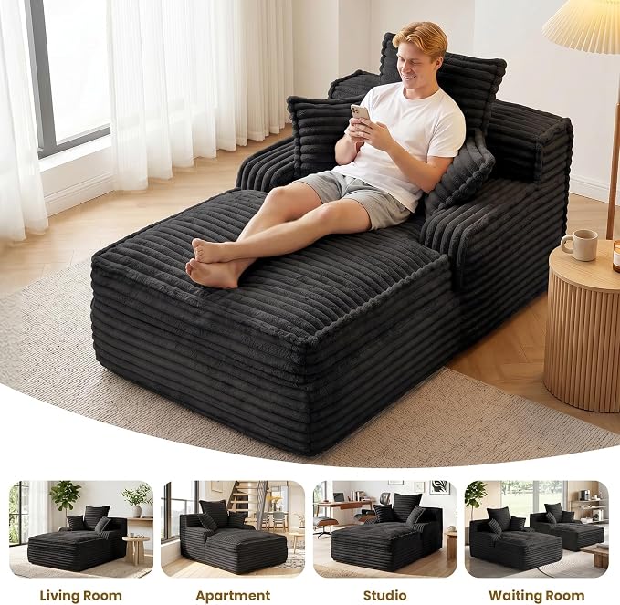 57 Inch Boneless Couch Lounge Chaise, Corduroy Upholstered Boneless Sofa Bed, Deep Seat Sleeper Couch Reading Chairs, Cozy Cloud Sofa Couches for Small Spaces, No Assembly Required, Black