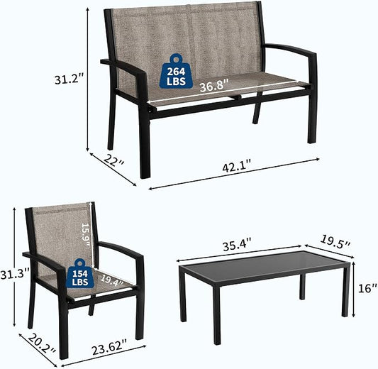 Garvee 4 Piece Patio Bistro Furniture Set, Outdoor Conversation Set with 3 Chairs, Loveseat & Glass Coffee Table, All-Weather Textilene Fabric & Steel Frame for Backyard, Poolside, Porch, Lawn - Brown