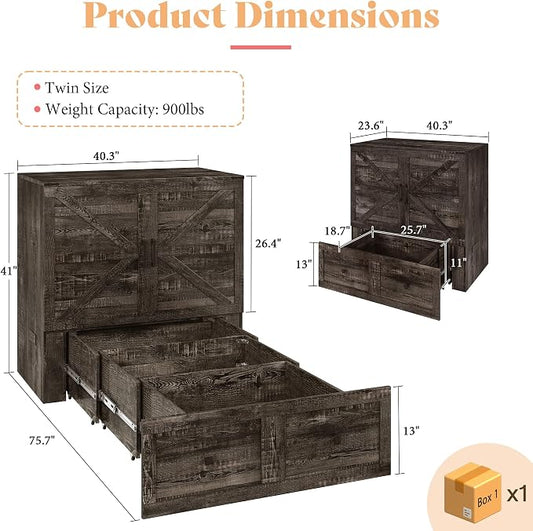 AMERLIFE Twin Murphy Bed Cabinet with Charging Station and Storage Drawer, Farmhouse Foldable Platform Bed for Home Office, Apartment, Small Spaces, Black Oak