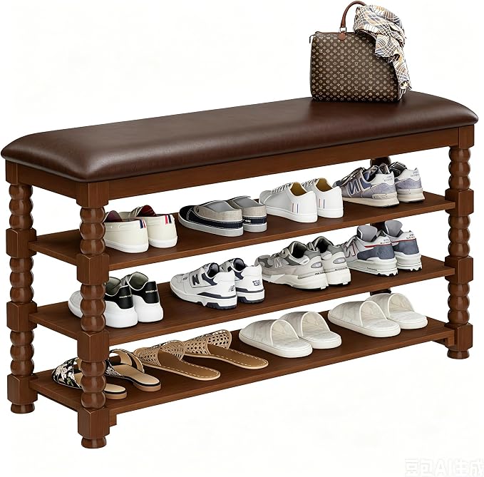Homleke 3-Tier Solid Wood Shoe Rack Bench with Classic Turned Ball Legs | Tall Entryway Bench with Leather Seat, Holds Up to 12 Pairs, for Hallway, Bedroom and Closet, Walnut, 39.4 Inch