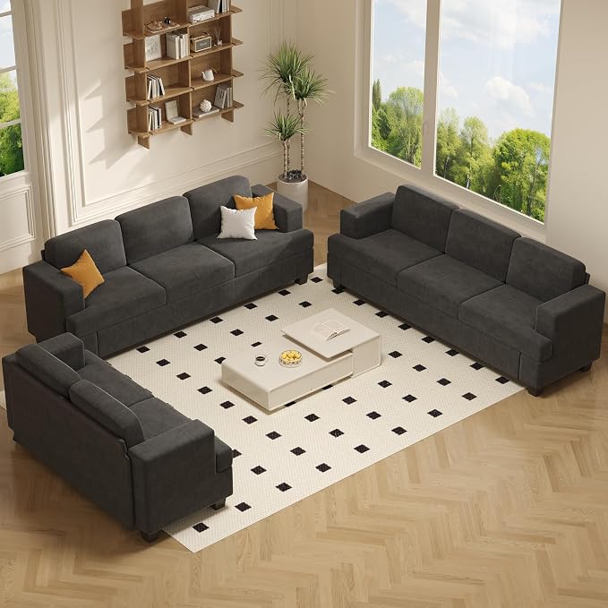 Apicizon Set of 3 Couch Set Loveseat & 3-Seater Sofa, 3 Piece Set Comfy Couch for Living Room, Modern Lounge Sofa Couch for Apartment Lounge, Dark Grey Chenille