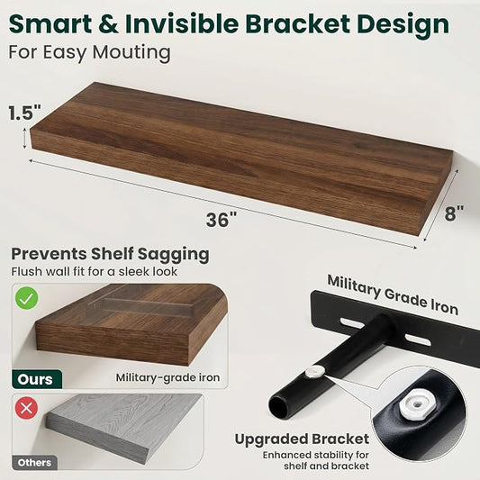Floating Shelves for Wall, 36 Inch x 8 Inch Deep Wall Mounted Wood Shelf with Invisible Brackets for Storage & Display, Living Room Bedroom Kitchen, Walnut, Set of 2