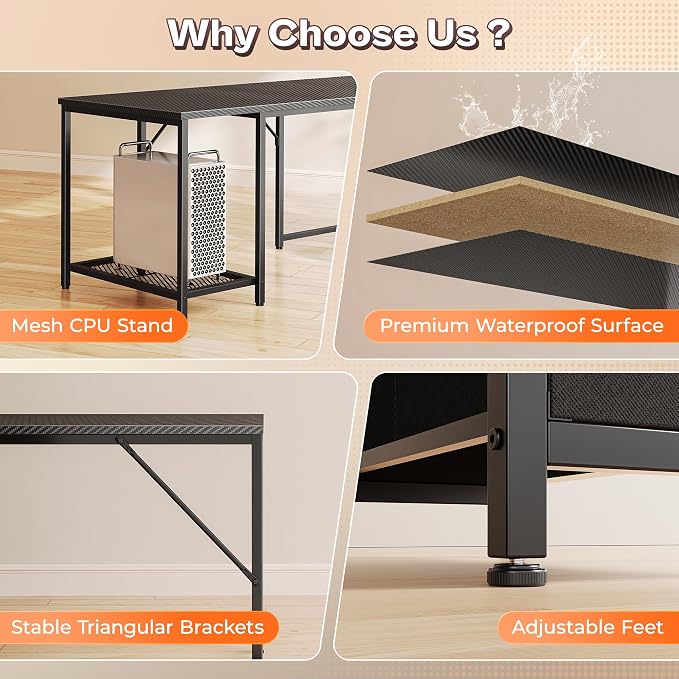 PRAISUN 66" L Shaped Gaming Desk with LED Lights & Power Outlets, Computer Desk with Fabric Drawers and Print Stand, Corner Office Desk, Monitor Stand, Mesh CPU Stand, Carbon Fiber Black