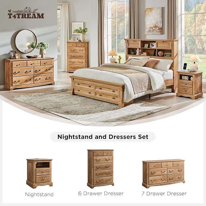 T4TREAM Farmhouse Dressers & Night Stand Set of 3, 54" Wide 7 Drawer Dresser & 18" Wide 2 Drawers Side Table Set of 2, Furniture Dresser Sets for Home, Light Knotty Oak