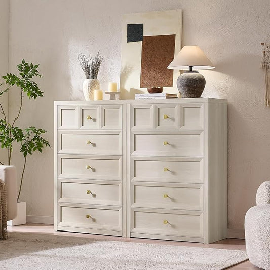 5 Drawers Dresser for Bedroom, 45.7" Tall Large Dresser & Chests of Drawers with Metal Handle, Clothes Storage Organizer Dresser w/Natural Texture for Bedroom, Living Room-Grey White