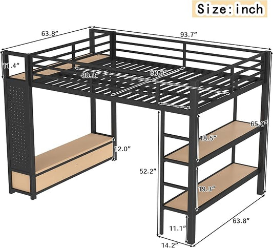 Bellemave Queen Size loft Bed with Wardrobe and Storage Shelves and Pegboard Drawers, Metal Queen Loft Bed Frame for Adults, Kids, Teens, Black