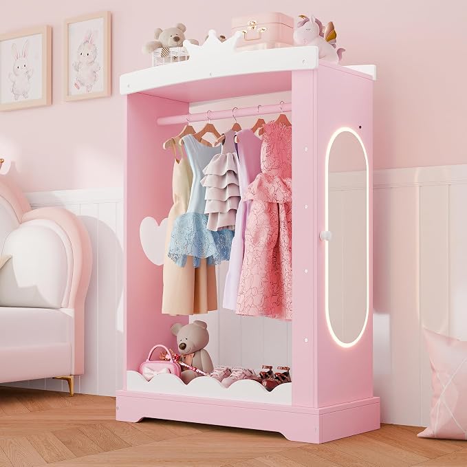Xilingol Kids Armoire with Jewelry Cabinet, Dress up Storage with Mirror, Princess Dress Closet and Costumes Wardrobe Closet, Costume Organizer for Bedroom, Kids Room, Girls (Pink)