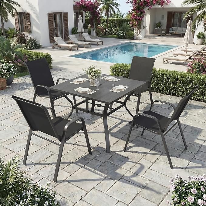 Outdoor Dining Set for 6, 7pcs Patio Table and Chairs Set with Adjustable Umbrella Hole,Heavy Duty 63”x37.8” Metal Dining Table and Stackable Patio Chair for Yard, Garden, Porch