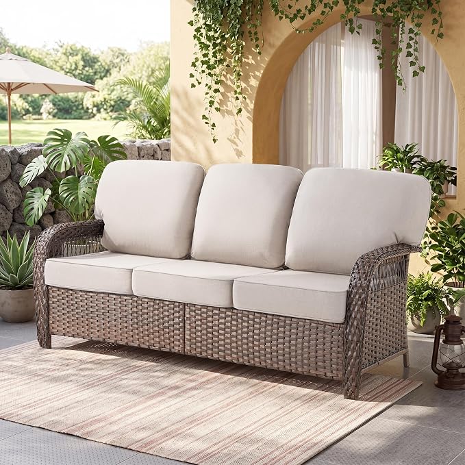 Belord Luxury Outdoor High Back Couch, All-Weather Wicker 3-Seater Sofa, Wicker Patio Furniture for Deck Porch Garden,Beige