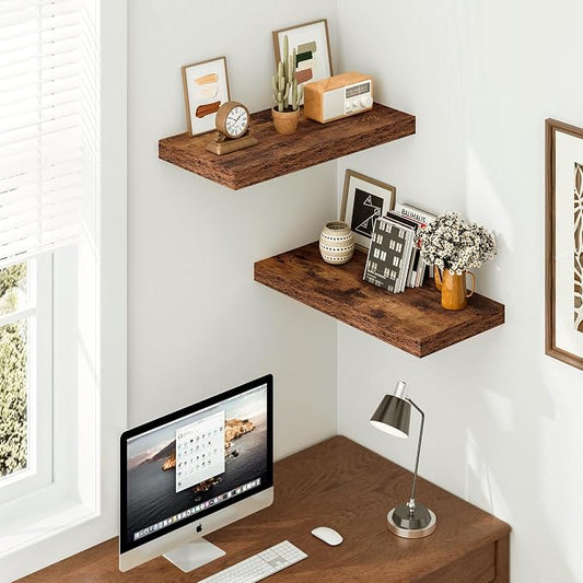 Vivelove 12 Inch Deep Floating Shelves for Wall, 24x12 Long Wall Shelves with Invisible Brackets, for Living Room Bedroom Bathroom, Farmhouse Rustic Shelves Home Decor, Set of 2, Rustic Brown