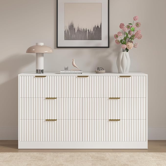 White 7 Drawer Dresser for Bedroom, 55" Wide Fluted Chest of Drawers with Gold Metal Handles, Modern Wood Dresser Closet Storage Organizer Mid Century TV Stand for Living Room Hallway