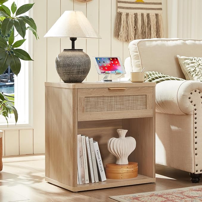 LEYAOYAO Rattan Nightstands Set of 2 with Charging Station, Natural Wood Night Stand with Drawer, 23" Wide Boho Bedside Table with Storage Shelf, Bed Side End Tables for Bedroom, Living Room, Hallway