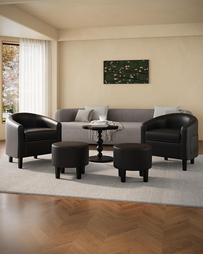 GarveeHome Chair and Ottoman Set, PU Leather Barrel Chair, Small Chair for Bedroom, Comfy Armchair with Footrest for Office & Study, Black