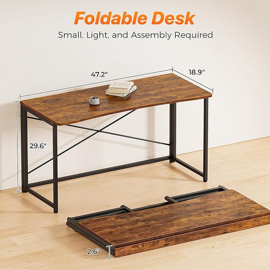 Huuger Folding Desk for Small Spaces, 47.2 Inch Foldable Computer Table, for Home Office, Study, Bedroom, Dorm, Space Saving, Small Writing Work Office Computer Desk, Easy to Fold, Rustic Brown