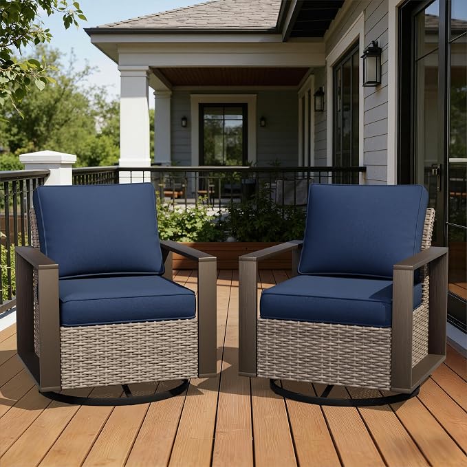 Joyside Outdoor Patio Swivel Rocker Chairs Set, 2 Pieces Wicker Rattan Chairs with Metal Wide Armrest, Thick Cushions and Deep Seating for Garden, Backyard, Porch, Deck